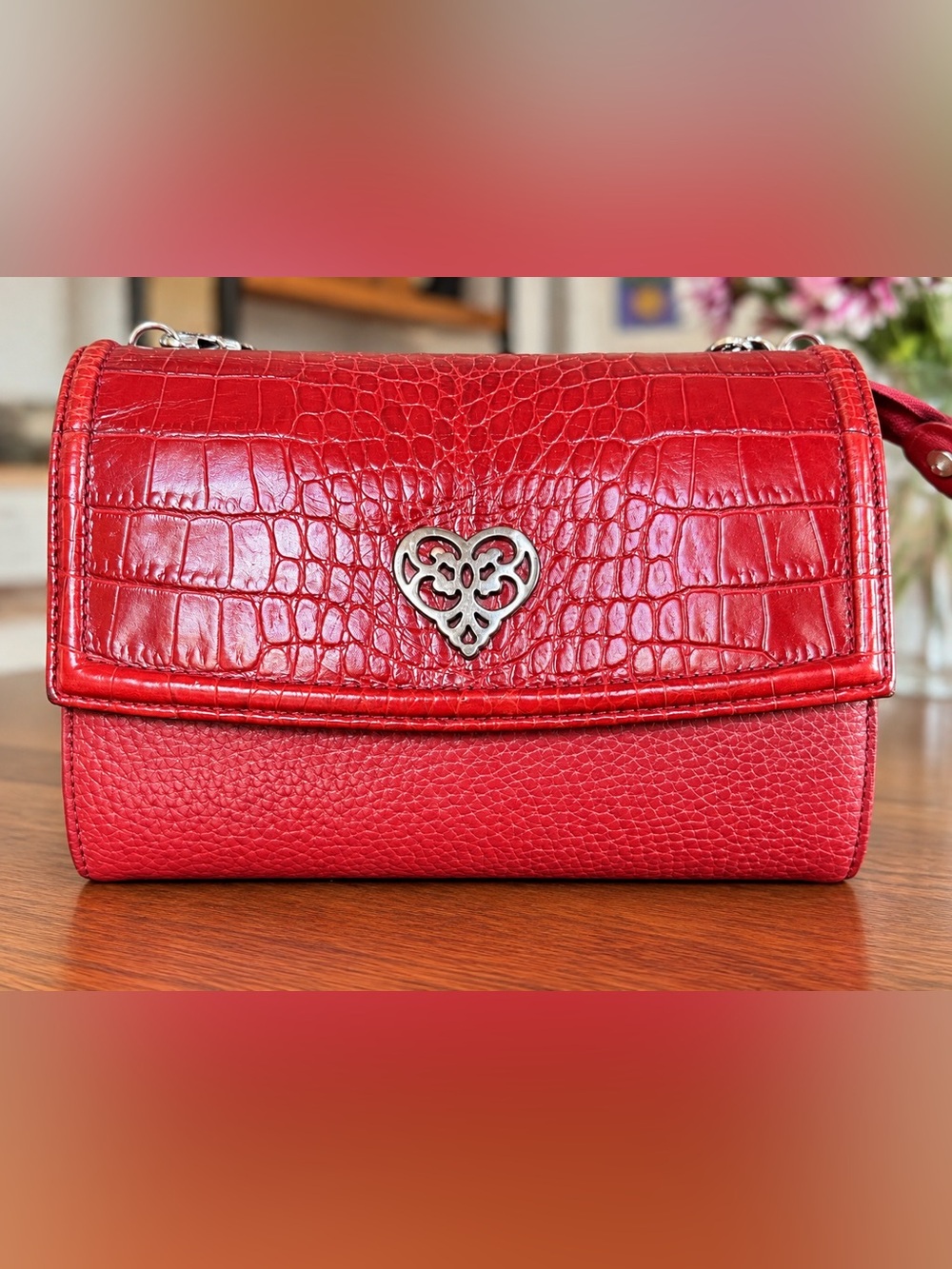Brighton Red Croc Embossed Crossbody Bag Silver Heart Flap Purse